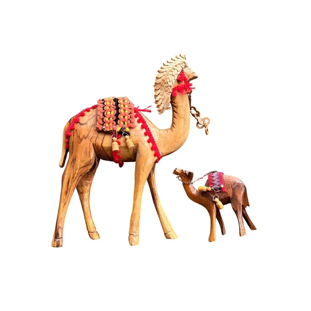 Vintage Hand Carved Olive Wood Camel Set‎ Figurines Middle Eastern Folk Art 2pc